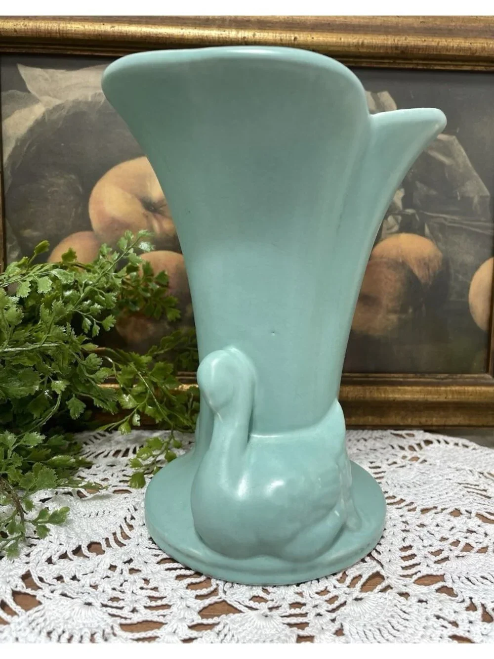 Green Blue Double Swan Pottery Vase Mid Century Modern Beautiful Soft Teal Color